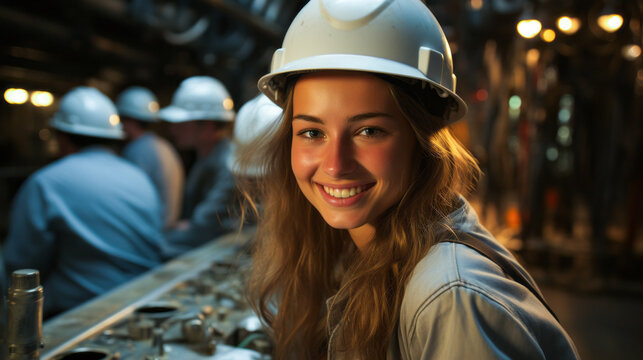 Female engineer reviewing blueprints near nuclear plant
