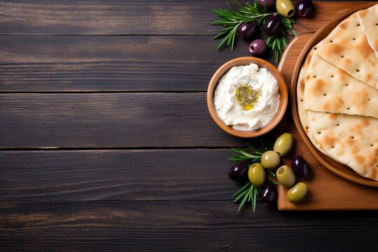 Alluring flat lay of Greek cuisine essentials, harmonizing olives, feta, and pita bread, neatly arranged, leaving generous empty space for your unique content.