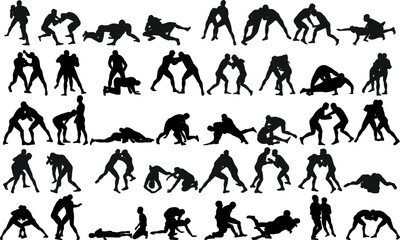 Set of silhouettes wrestlers in wrestling, fighting. Greco Roman wrestling, fight, combating, struggle, grappling, duel, mixed martial art, sportsmanship