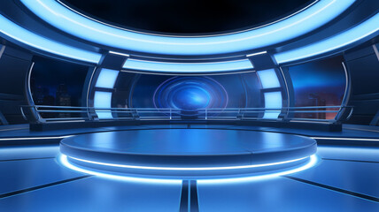 3D Rendered VR Stage TV Show: Mesmerizing Neon Blue Lights, High-Tech Blue Screen Stage with Wide-Angle Panoramic Views, Captivating Screen Shots, and Electrifying Lighting - A Technological Marvel 