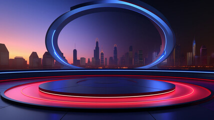 3D Rendered VR Stage TV Show: Hypnotic Neon Blue in Red Lights, High-Tech Blue in Red Screen Stage with Wide-Angle Panoramic Views, Captivating Screen Shots, and Electrifying Lighting Technological