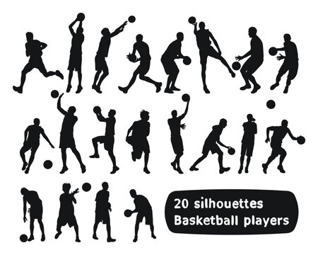 Image of black silhouettes of basketball players in a ball game. Basketball