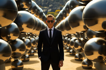 Man in suit with floating sphere before impossible structure.