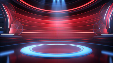 3D Rendered VR Stage TV Show: Hypnotic Neon Red in Blue Lights Illuminating a Mesmerizing Red in Blue Screen Stage, Captivating Screen Shots and Views in Wide-Angle Panoramic Splendor, High-Tech Light