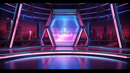 Immersive Spectacle: Full Shot of a 3D Rendered VR Stage TV Show with Neon Pink Lights, High-Tech Lightning, Wide Angle Panoramic View, and Captivating Blue Screen Stage - Screen Shots and Views  - obrazy, fototapety, plakaty