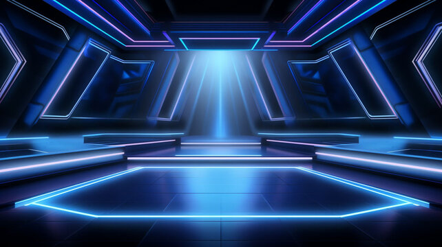Virtual Reality Extravaganza: 3D Rendered TV Show Stage with Neon Blue Lights, High-Tech Lightning, and a Captivating Blue Screen Stage - Wide Angle Panoramic Views and Screen Shots Illuminate the Hig