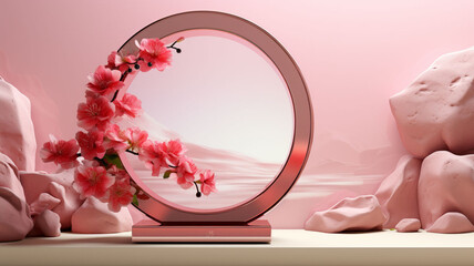 3D Rendered Round Pink Small Stage and Arch, Skillfully Crafted from Pink Stone and Enhanced by Large Pink Stones, Set Against a Pink Wall Background - A Dazzling Display of Artistry, Elegance, 