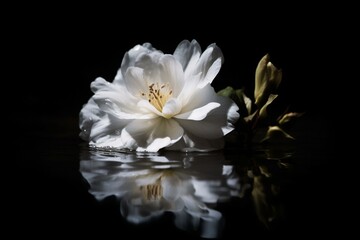 Obraz na płótnie Canvas Image of a white flower gently floating on the surface of water against a black background. Generative AI