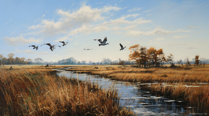 Obraz na płótnie Canvas A painting of birds flying over a marshy marshland