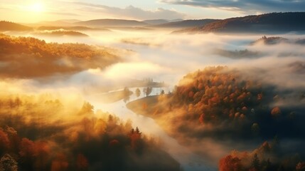 An aerial view of the forest with the sun behind the mist all around, colored autumnal trees in the morning light.