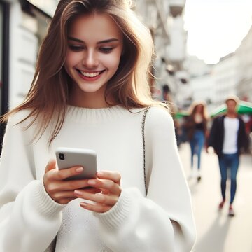 Smiling sympathetic girl chatting on smartphone while walking