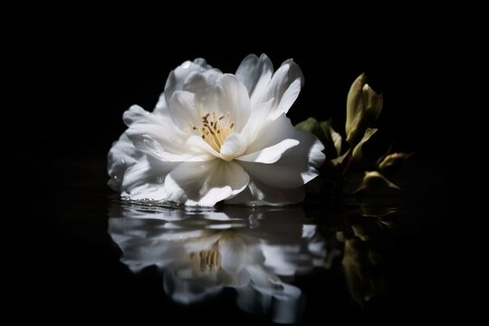 Image of a white flower gently floating on the surface of water against a black background. Generative AI