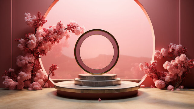 3D Rendered Round Stone Stage and Arch with Pink Wall, Adorned with Pink Flowers, Against a Pink Cloud Background - A Breathtaking Display of Artistry, Elegance, and Nature's Beauty 