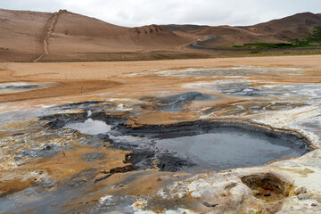 Panoramic view of geothermal active zone cin Iceland near Myvatn lake. Geothermal area in Iceland.