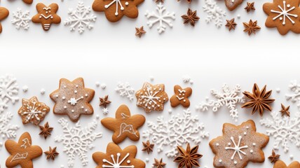 Obraz na płótnie Canvas an assortment of homemade gingerbread cookies, delicate snowflake decorations, and artistic cookie icing, all arranged on a pristine white background. SEAMLESS PATTERN. SEAMLESS WALLPAPER.