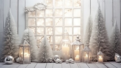 festive Christmas decor using lush fir branches, charming ornaments, and softly glowing candles on a clean white wooden background. the holiday spirit with this picturesque composition.