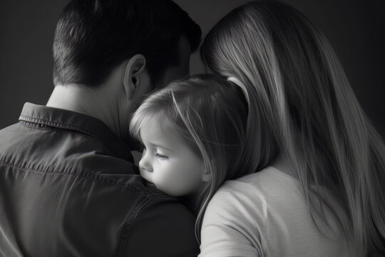 Sad black and white picture of parents holding their baby daughter consoling her, family