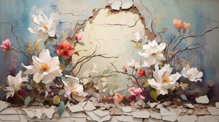 A painting of flowers and leaves on a wall