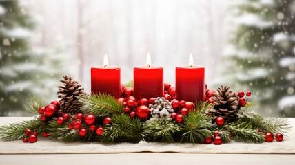 festive Christmas decor, incorporating vibrant fir branches, sparkling ornaments, and candles aglow on a wooden background. This composition convey the heartwarming essence of the season.
