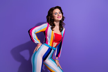 Photo of adorable lady wear fashion suit prepare for vintage discotheque isolated on violet color background