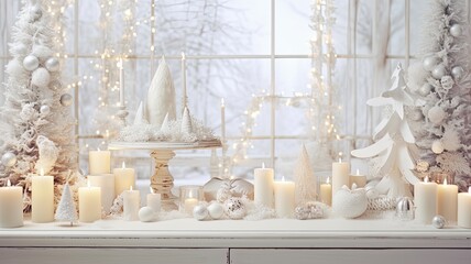 festive Christmas decor using lush fir branches, charming ornaments, and softly glowing candles on a clean white wooden background. the holiday spirit with this picturesque composition.
