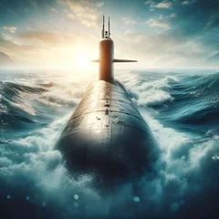 Foto op Plexiglas A large nuclear submarine breaks through the raging waves of the sea © berkut_34