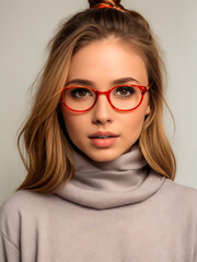 pretty woman wearing glasses looking at viewer. gray studio background