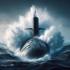 A large nuclear submarine breaks through the raging waves of the sea