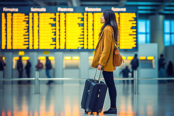 A woman with luggage looks at the airplane schedule board at the airport - obrazy, fototapety, plakaty