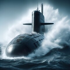 A large nuclear submarine breaks through the raging waves of the sea