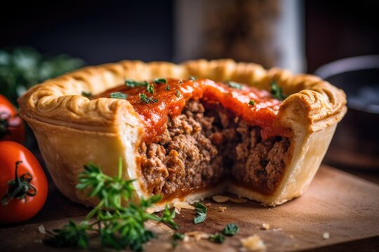 A close-up of a delicious Australian meat pie with tomato sauce, a popular food choice on Australia Day. The mouthwatering details and savory appeal of the traditional dish.