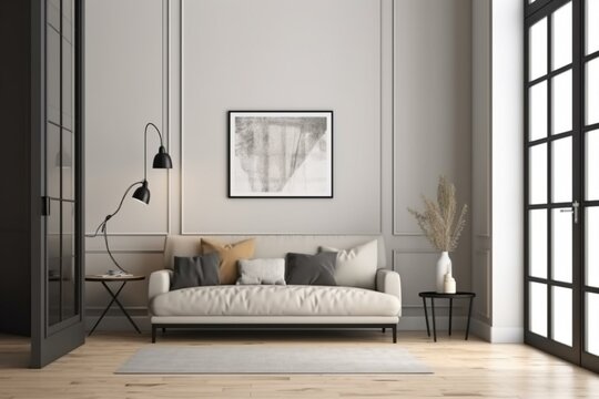 Contemporary lounge area with sofa and cabinet, empty picture frame. Generative AI