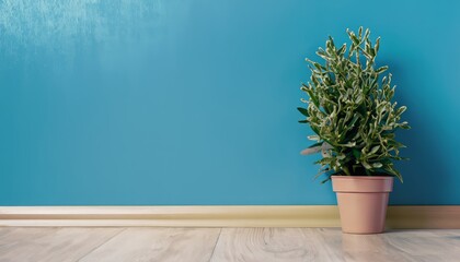 Plant against a soft blue wall background with copy space