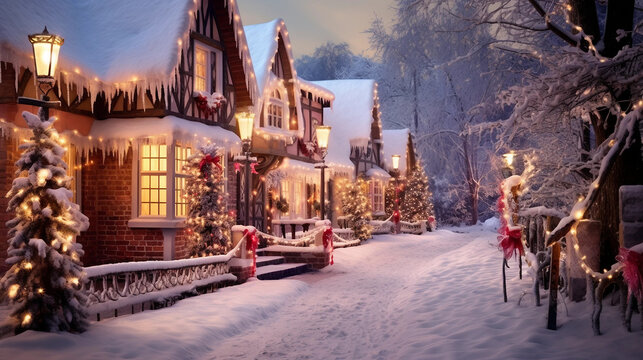 romantic village in winter with christmas decorations