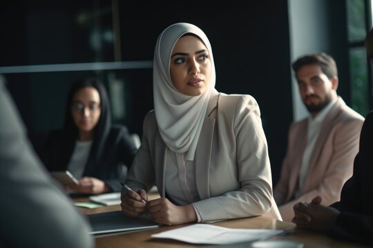 A Muslim businesswoman wearing a sleek pantsuit, confidently presenting a business plan to the team in a modern boardroom.