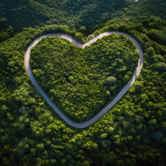 Aerial top view rural road in the forest form of a heart, Aerial view road in nature, Ecosystem and healthy environment - 661463753