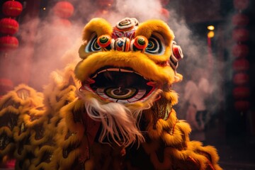A lion dance performance during Chinese New Year celebrations. The energetic movements and colorful...
