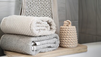 Obraz na płótnie Canvas Organic waffle linen towels, bathroom zero waste accessories in grey shades in contemporary bathroom interior