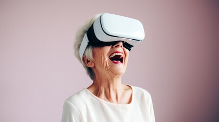 old retired mature adult woman experience virtual reality augmented digital cyber world fun and exited cheerful emotion moment technology at home lifestyle