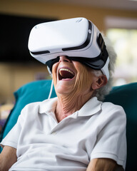 cheerful enjoy wonderful experience mature adult old senior woman wear vr vitual headset goggle while explore digital virtual world fun enjoy technology of visual in living room at home