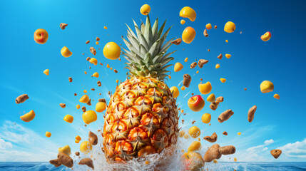 A pineapple with fruit splashing