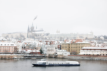 Fototapeta na wymiar Prague historical beautiful Landmarks in Pictures in winter time with seagull