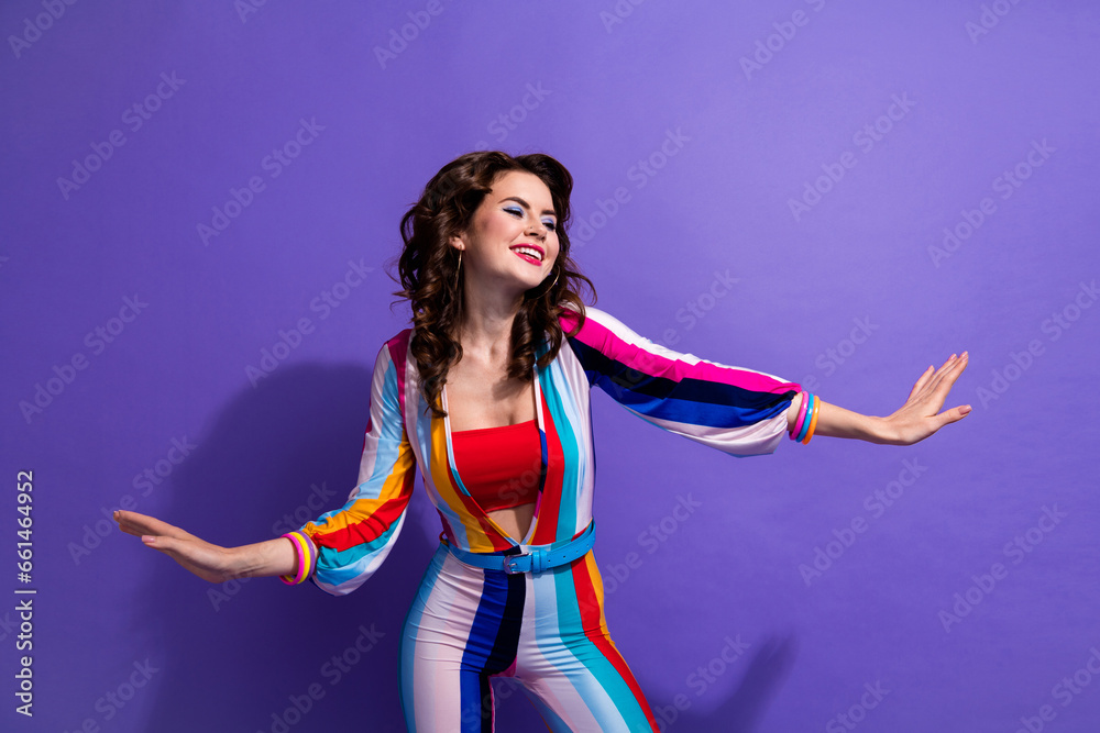 Sticker photo of pretty adorable girl dressed striped overall dancing having disco fun isolated violet color