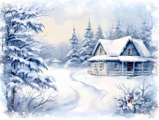 A house standing in the middle of a snowy blue forest. Vintage Christmas card. Holiday atmosphere