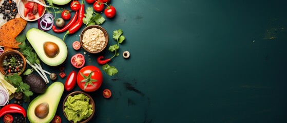 An enticing flat lay of Mexican cuisine, featuring tacos, avocados, and peppers, arranged...