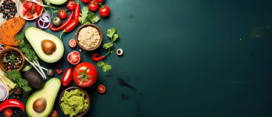 Fotobehang An enticing flat lay of Mexican cuisine, featuring tacos, avocados, and peppers, arranged thoughtfully with the vibrant colors of the Mexican flag, providing ample empty space. © Kristian