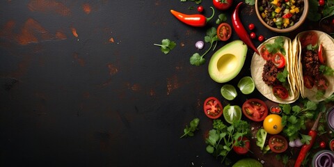 An enticing flat lay of Mexican cuisine, featuring tacos, avocados, and peppers, arranged...