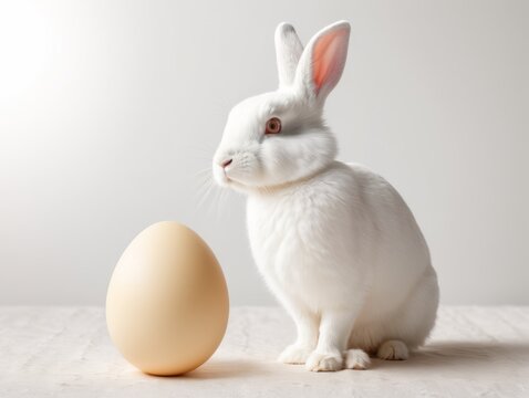 White baby rabbit sleeping on big Easter egg on blue background