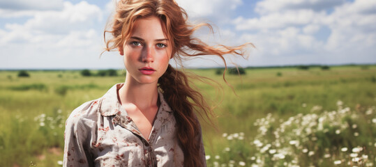 Romantic vintage woman in wildflower meadow under vast blue sky.