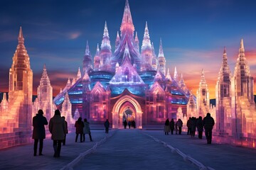 Moonlight and northern lights dance on a grand icy Christmas palace. Created with Generative AI